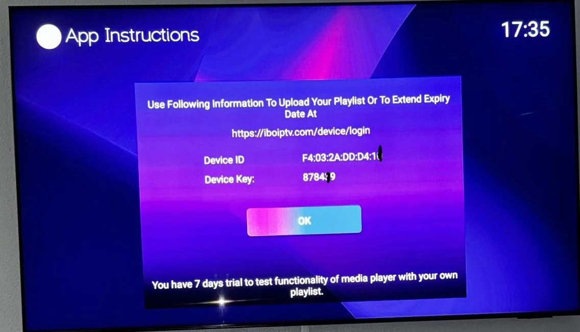 IBO Player app showing MAC address and Device Key