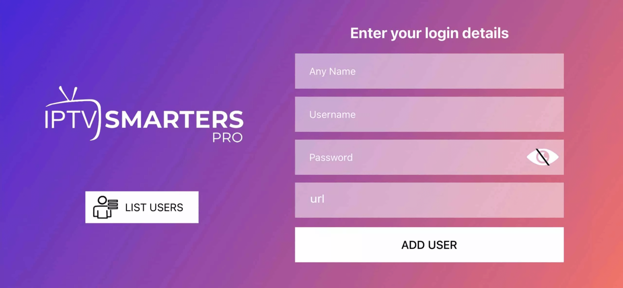 Android IPTV Smarters app login screen