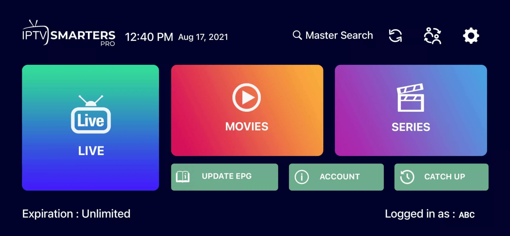 Live TV icon selection on IPTV Smarters