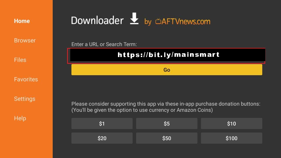 Entering URL for downloading IPTV Smarters on FireStick